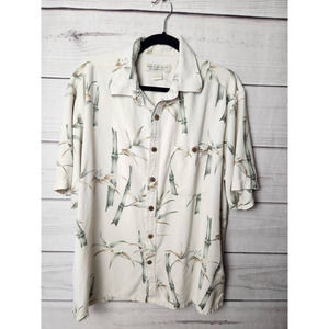 Island Republic Mens Hawaiian Shirt Beige Floral Short Sleeve 100% Silk Pocket L